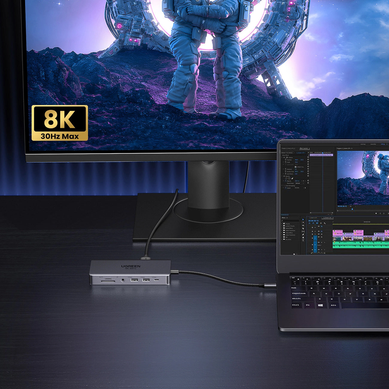 Hub USB-C UGREEN Revodok Pro 313 CM681, 2 x USB-A 3.2 - 1 x USB-A 3.0 - 2 x USB-C - 2 x HDMI - 1 x Jack 3.5mm - 1 x RJ45 - 1 x SD - 1 x microSD, Gris