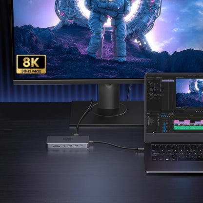 Hub USB-C UGREEN Revodok Pro 313 CM681, 2 x USB-A 3.2 - 1 x USB-A 3.0 - 2 x USB-C - 2 x HDMI - 1 x Jack 3.5mm - 1 x RJ45 - 1 x SD - 1 x microSD, Gris