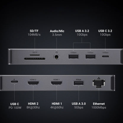 Hub USB-C UGREEN Revodok Pro 313 CM681, 2 x USB-A 3.2 - 1 x USB-A 3.0 - 2 x USB-C - 2 x HDMI - 1 x Jack 3.5mm - 1 x RJ45 - 1 x SD - 1 x microSD, Gris