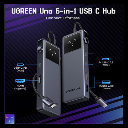 Hub USB-C UGREEN Uno (75177), 2 x USB-A 3.2 - 3 x USB-C - 1 x HDMI, Gris