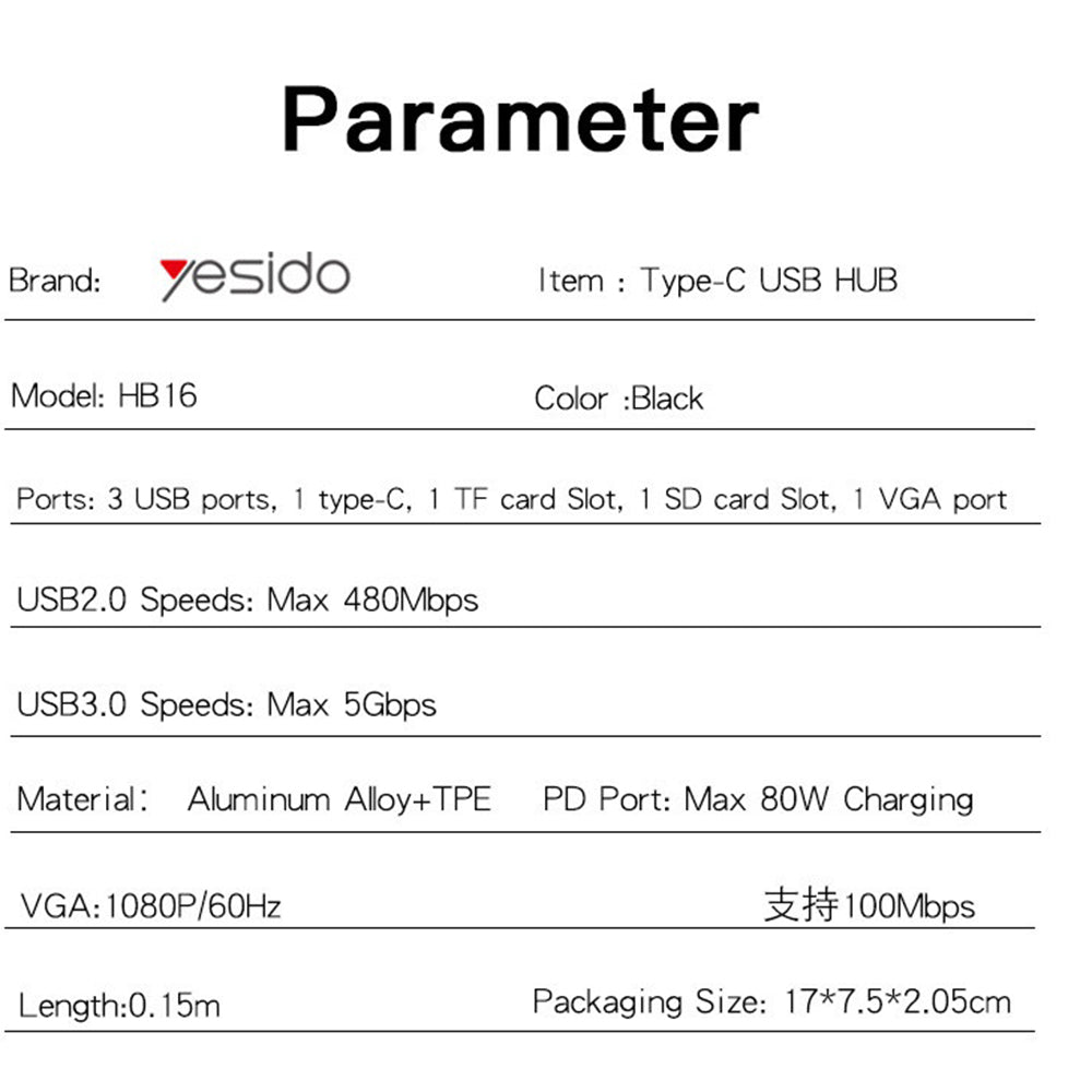 Hub USB-C Yesido HB16, 7en1, Gris