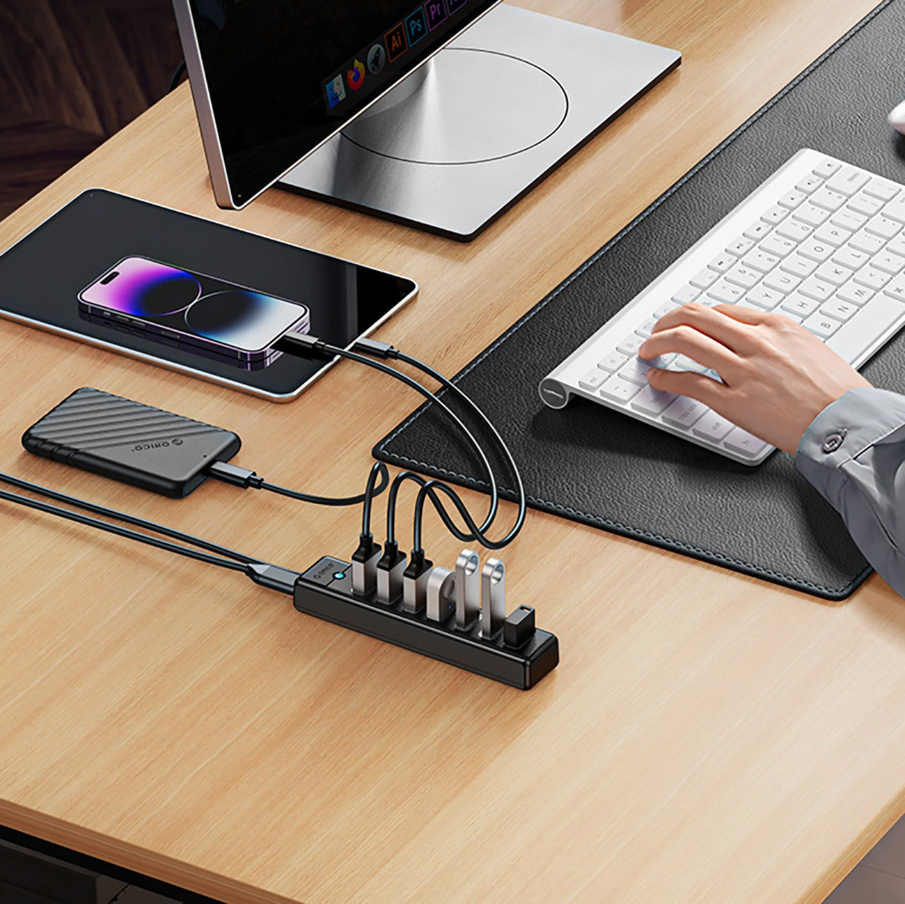 Hub USB Orico PW7U-U3, 7 x USB-A 3.0 - 1 x USB-C, Noir