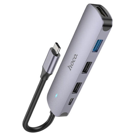 Hub USB-C HOCO HB27, USB-A 3.0 - 2 x USB-A - USB-C - HDMI, Gris