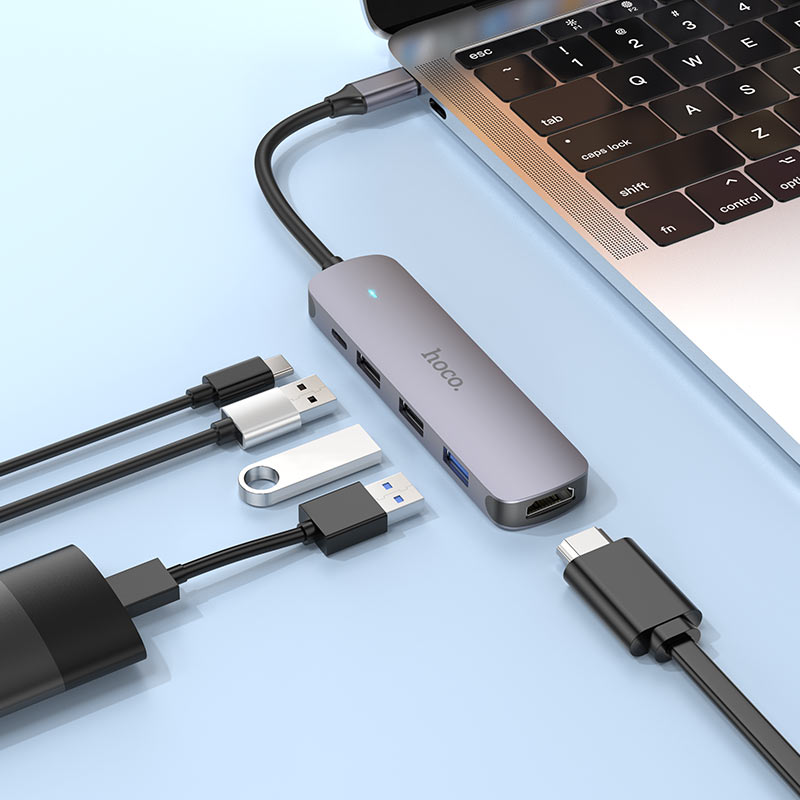 Hub USB-C HOCO HB27, USB-A 3.0 - 2 x USB-A - USB-C - HDMI, Gris