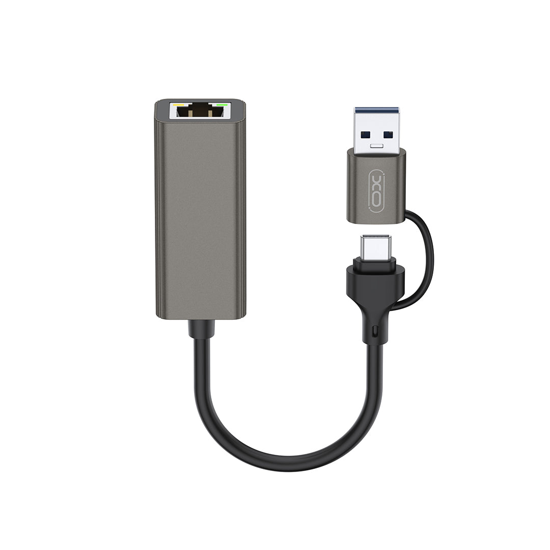 Netzwerkkarte XO Design HUB018, RJ45, USB-C / USB, Grau