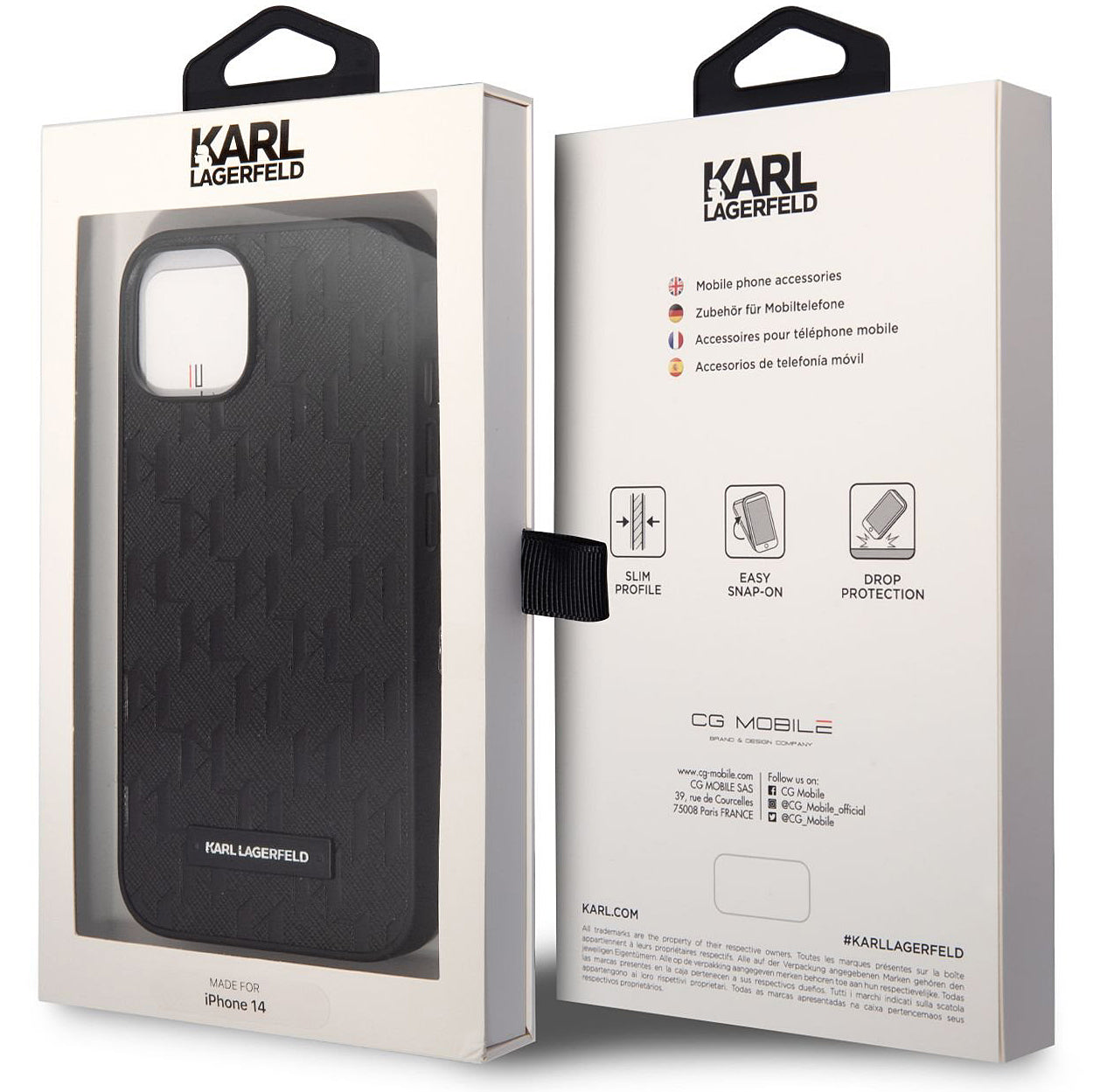 Hülle für Apple iPhone 14 Plus, Karl Lagerfeld, Saffiano Monogram Metall-Logo, Schwarz