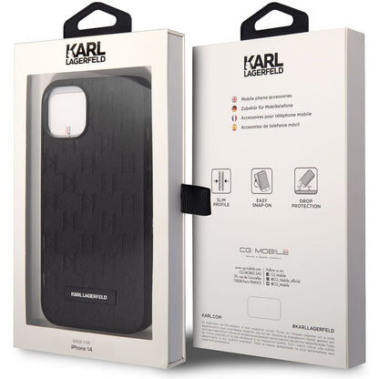 Hülle für Apple iPhone 14 Plus, Karl Lagerfeld, Saffiano Monogram Metall-Logo, Schwarz