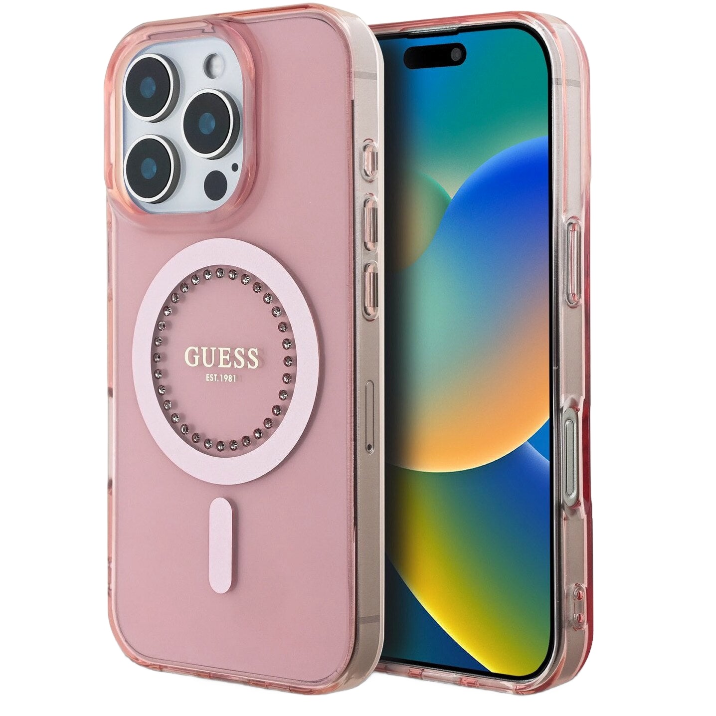 Étui MagSafe pour Apple iPhone 16 Pro Max, Guess, Anneau de Strass IML, Rose GUHMP16XPFTDTEP