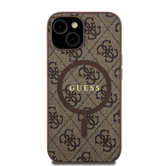 Étui MagSafe pour Apple iPhone 15 Plus, Guess, Anneau Coloré 4G, Marron GUHMP15MG4GFRW