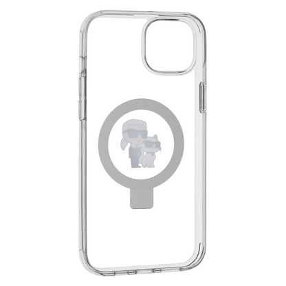 Coque MagSafe pour Apple iPhone 15 Plus, Karl Lagerfeld, Ringstand Karl and Choupette, Blanche, Reconditionnée