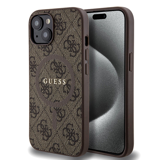 Étui MagSafe pour Apple iPhone 15 Plus, Guess, Anneau Coloré 4G, Marron GUHMP15MG4GFRW