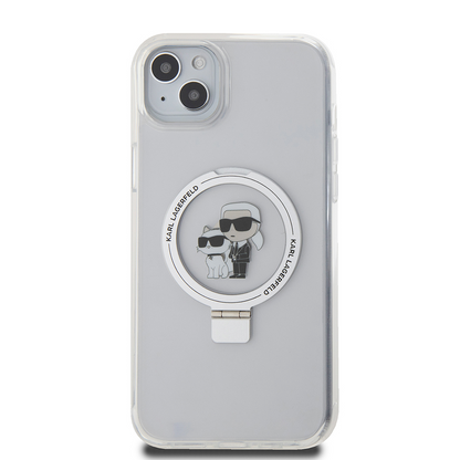 Coque MagSafe pour Apple iPhone 15 Plus, Karl Lagerfeld, Ringstand Karl and Choupette, Blanche, Reconditionnée