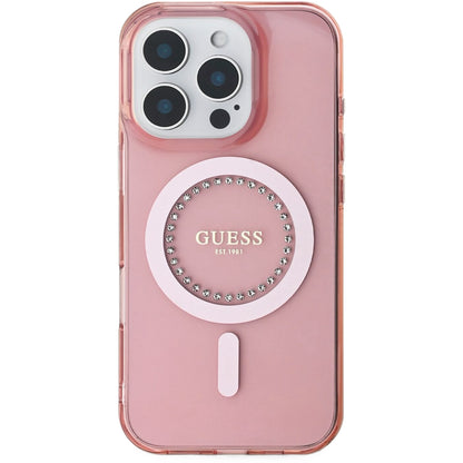 Étui MagSafe pour Apple iPhone 16 Pro Max, Guess, Anneau de Strass IML, Rose GUHMP16XPFTDTEP