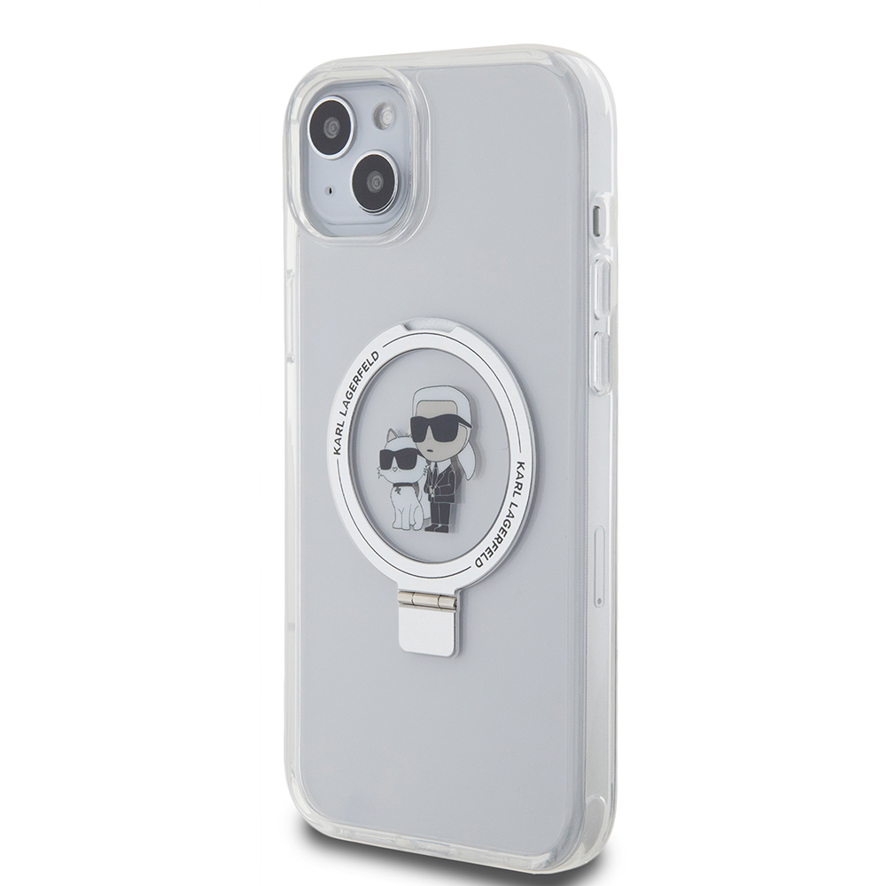 Coque MagSafe pour Apple iPhone 15 Plus, Karl Lagerfeld, Ringstand Karl and Choupette, Blanche, Reconditionnée