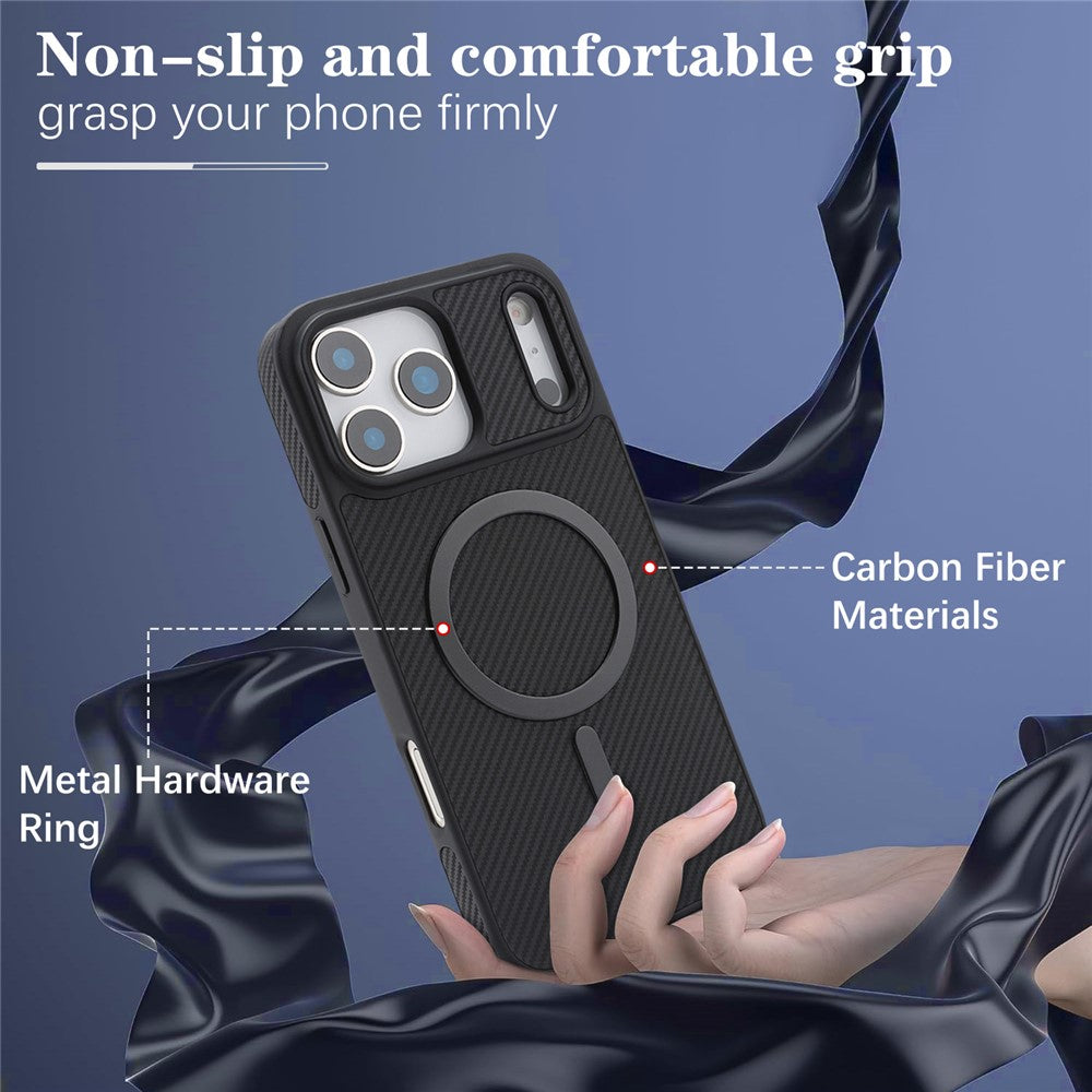 Coque MagSafe pour Apple iPhone 17 Pro, OEM, Anneau Métallique en Carbone, Noire