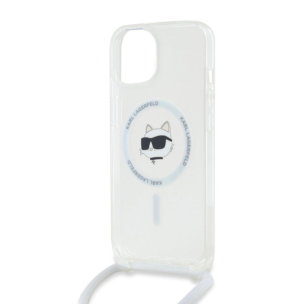 MagSafe Hülle für Apple iPhone 14, Karl Lagerfeld, IML Crossbody Choupette's Head mit Trageriemen, Transparent