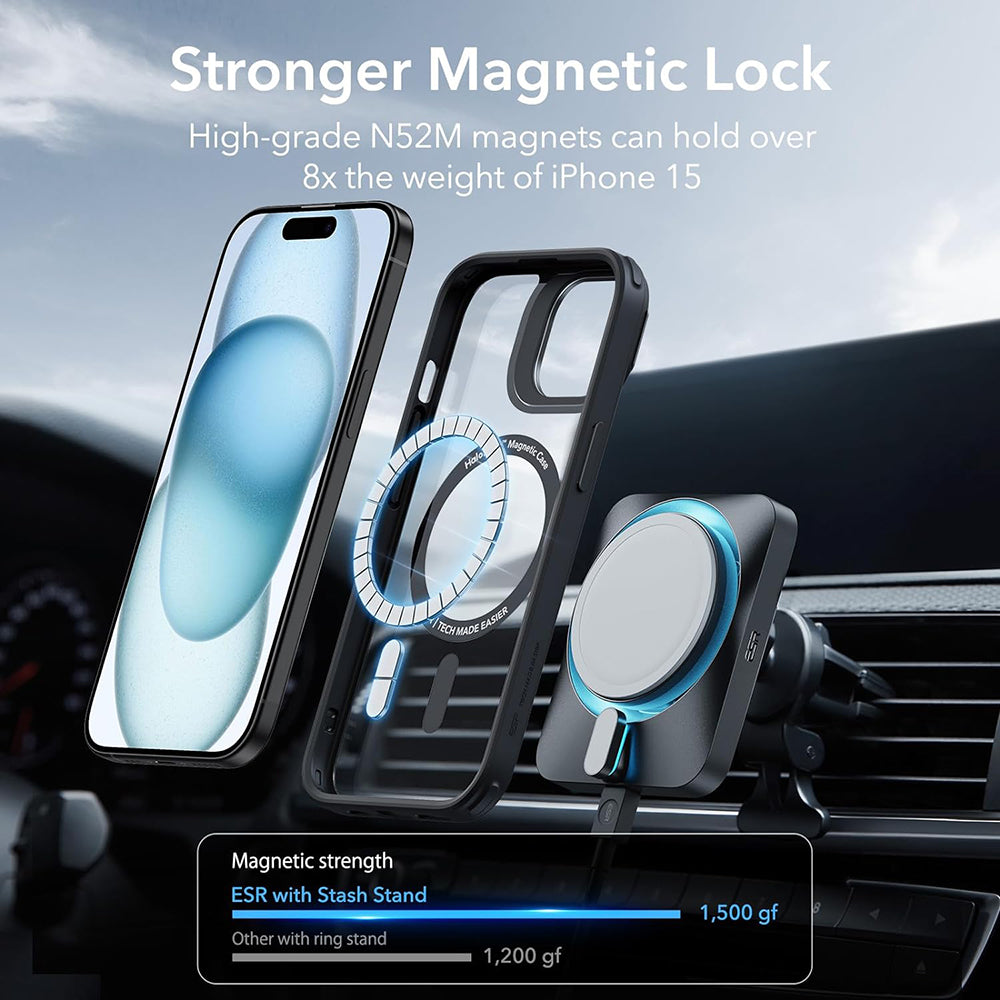MagSafe-Hülle für Apple iPhone 15, ESR, Classic Hybrid Kickstand, Schwarz Transparent