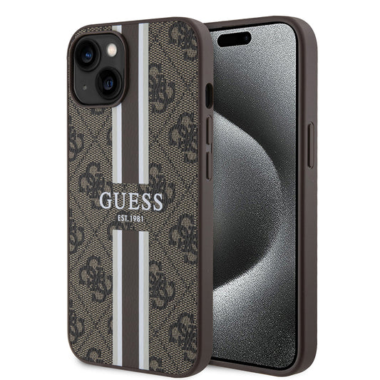 Étui MagSafe pour Apple iPhone 15, Guess, 4G Printed Stripes, Marron