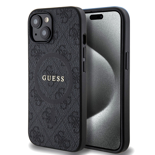 Étui MagSafe pour Apple iPhone 15, Guess, 4G Ring Classic Logo, Noir