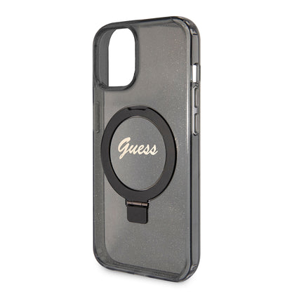 Coque MagSafe pour Apple iPhone 15, Guess, Ring Stand Script Glitter, Noire