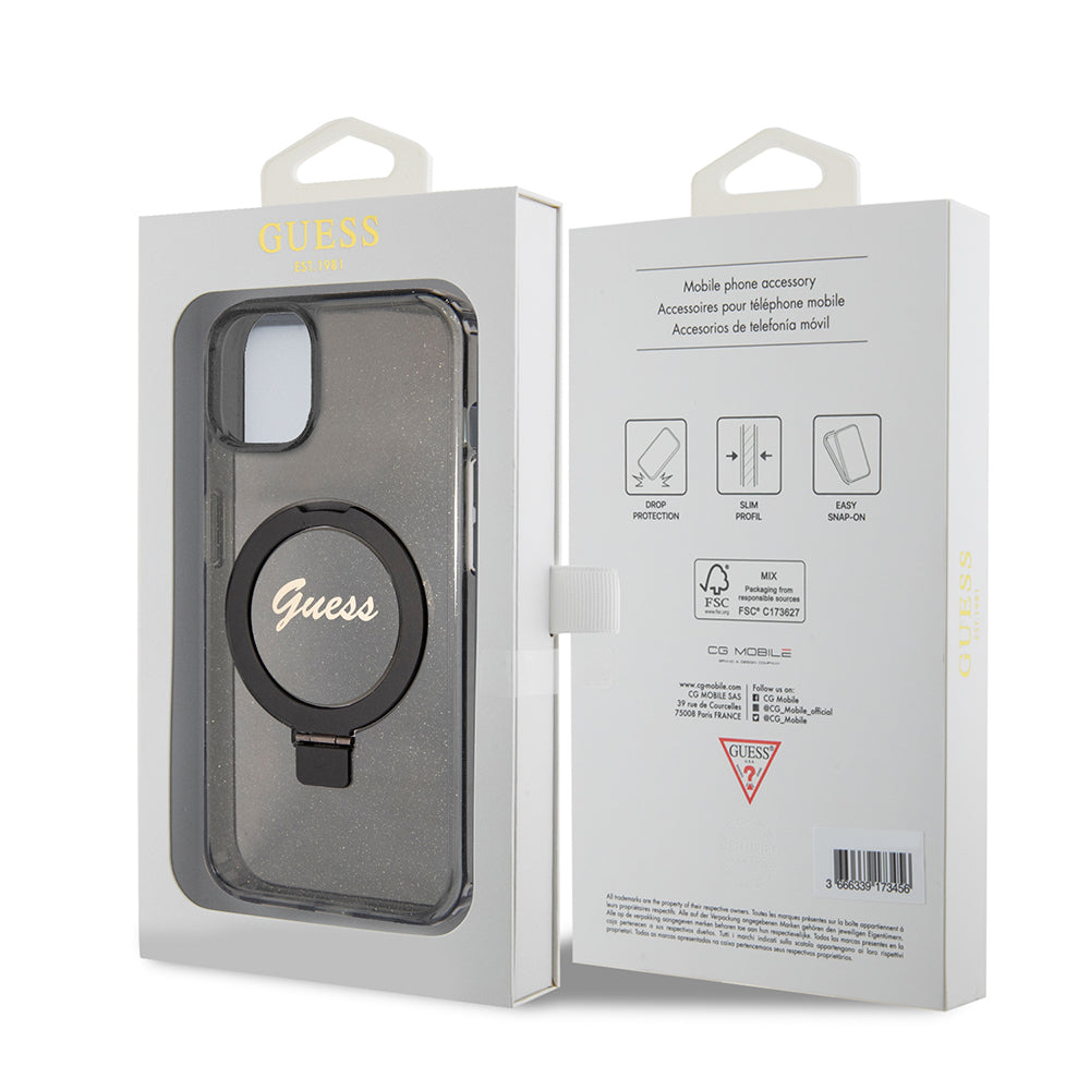 Coque MagSafe pour Apple iPhone 15, Guess, Ring Stand Script Glitter, Noire
