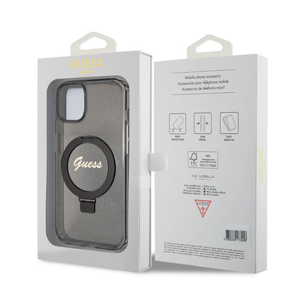Coque MagSafe pour Apple iPhone 15, Guess, Ring Stand Script Glitter, Noire