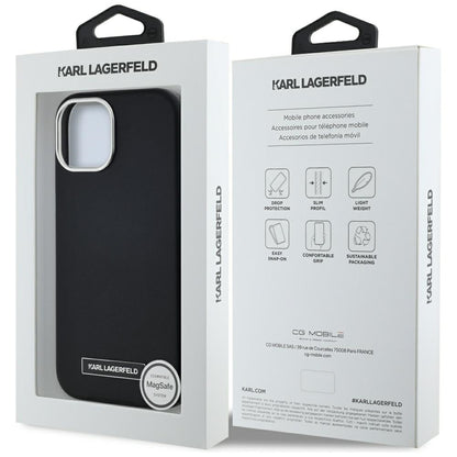 Coque MagSafe pour Apple iPhone 15, Karl Lagerfeld, Plaque Métallique FW, Noire