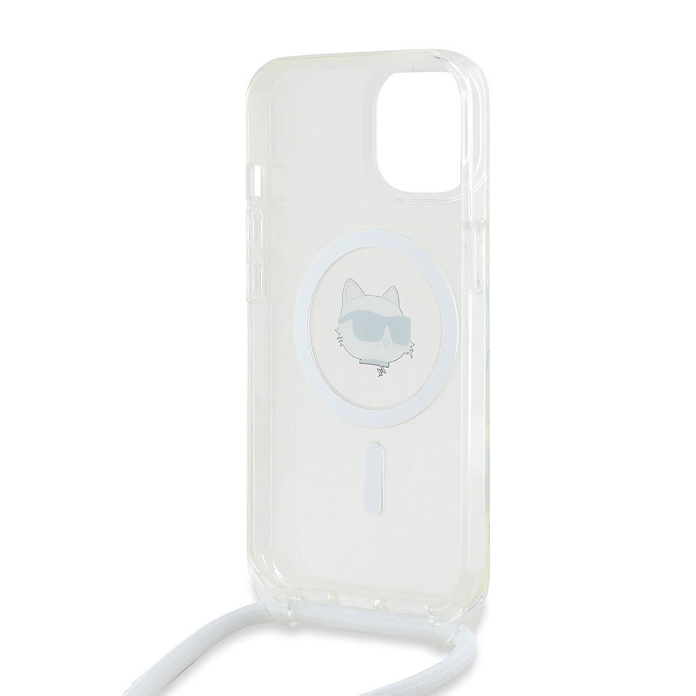 MagSafe Hülle für Apple iPhone 15, Karl Lagerfeld, IML Crossbody Choupette's Head mit Trageriemen, Transparent
