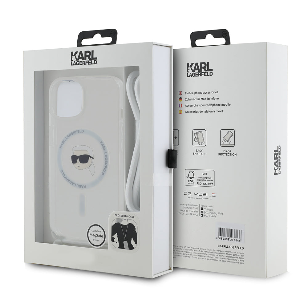 Coque MagSafe pour Apple iPhone 15, Karl Lagerfeld, IML Crossbody Karl's Head, Transparente