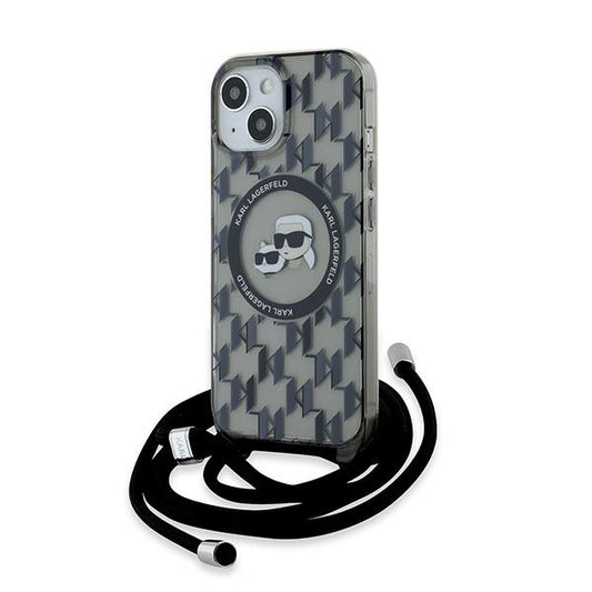 Étui MagSafe pour Apple iPhone 15, Karl Lagerfeld, IML Crossbody Monogramme Karl & Choupette's Heads, Noir