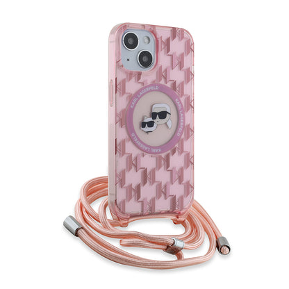 Housse MagSafe pour Apple iPhone 15, Karl Lagerfeld, IML Crossbody Monogram Karl & Choupette's Heads, Rose