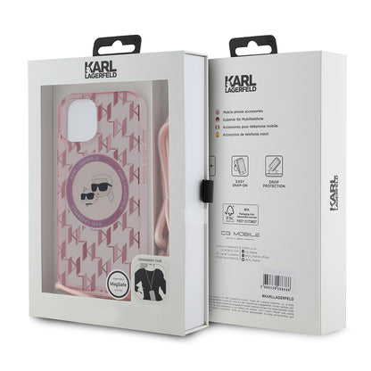 Housse MagSafe pour Apple iPhone 15, Karl Lagerfeld, IML Crossbody Monogram Karl & Choupette's Heads, Rose