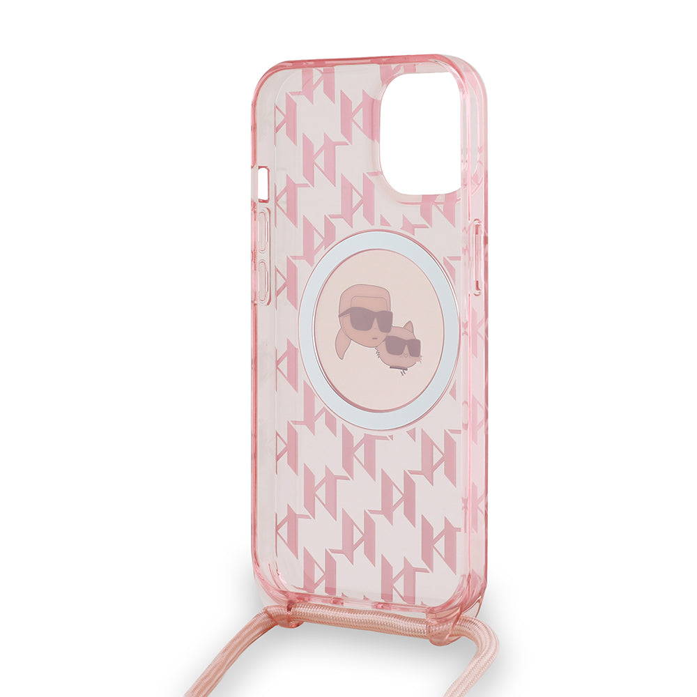 Housse MagSafe pour Apple iPhone 15, Karl Lagerfeld, IML Crossbody Monogram Karl & Choupette's Heads, Rose