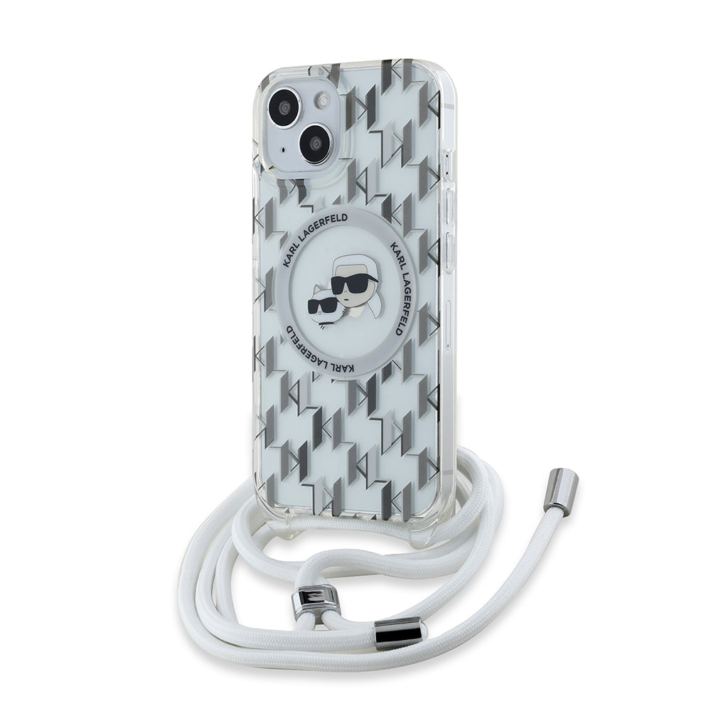 Étui MagSafe pour Apple iPhone 15, Karl Lagerfeld, IML Crossbody Monogramme Karl & Têtes de Choupette, Transparent