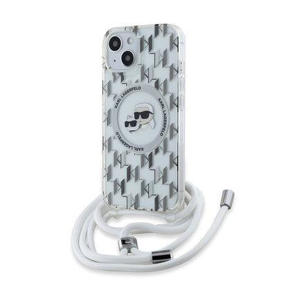 Étui MagSafe pour Apple iPhone 15, Karl Lagerfeld, IML Crossbody Monogramme Karl & Têtes de Choupette, Transparent