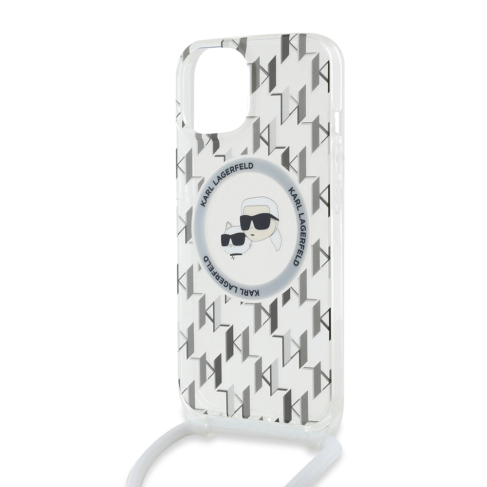 Étui MagSafe pour Apple iPhone 15, Karl Lagerfeld, IML Crossbody Monogramme Karl & Têtes de Choupette, Transparent