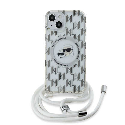 Étui MagSafe pour Apple iPhone 15, Karl Lagerfeld, IML Crossbody Monogramme Karl & Têtes de Choupette, Transparent