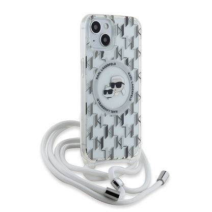 Étui MagSafe pour Apple iPhone 15, Karl Lagerfeld, IML Crossbody Monogramme Karl & Têtes de Choupette, Transparent
