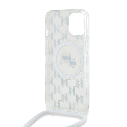 Étui MagSafe pour Apple iPhone 15, Karl Lagerfeld, IML Crossbody Monogramme Karl & Têtes de Choupette, Transparent