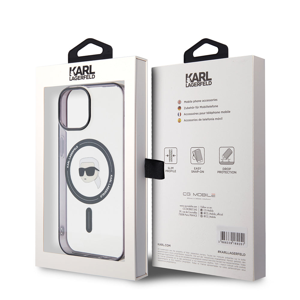 Coque MagSafe pour Apple iPhone 15, Karl Lagerfeld, IML Karl's Head, Transparente