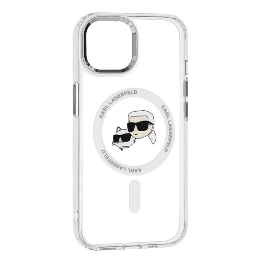 Housse MagSafe pour Apple iPhone 15, Karl Lagerfeld, IML Metal Karl & Choupette's Heads, Blanche