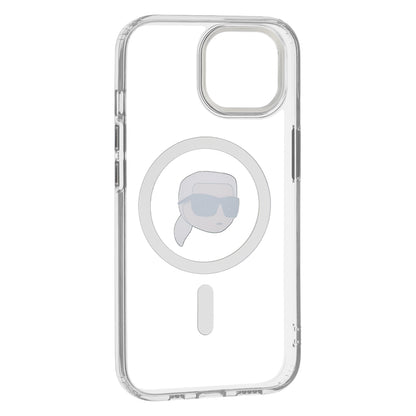 Étui MagSafe pour Apple iPhone 15, Karl Lagerfeld, IML Metal Karl's Head, Blanc