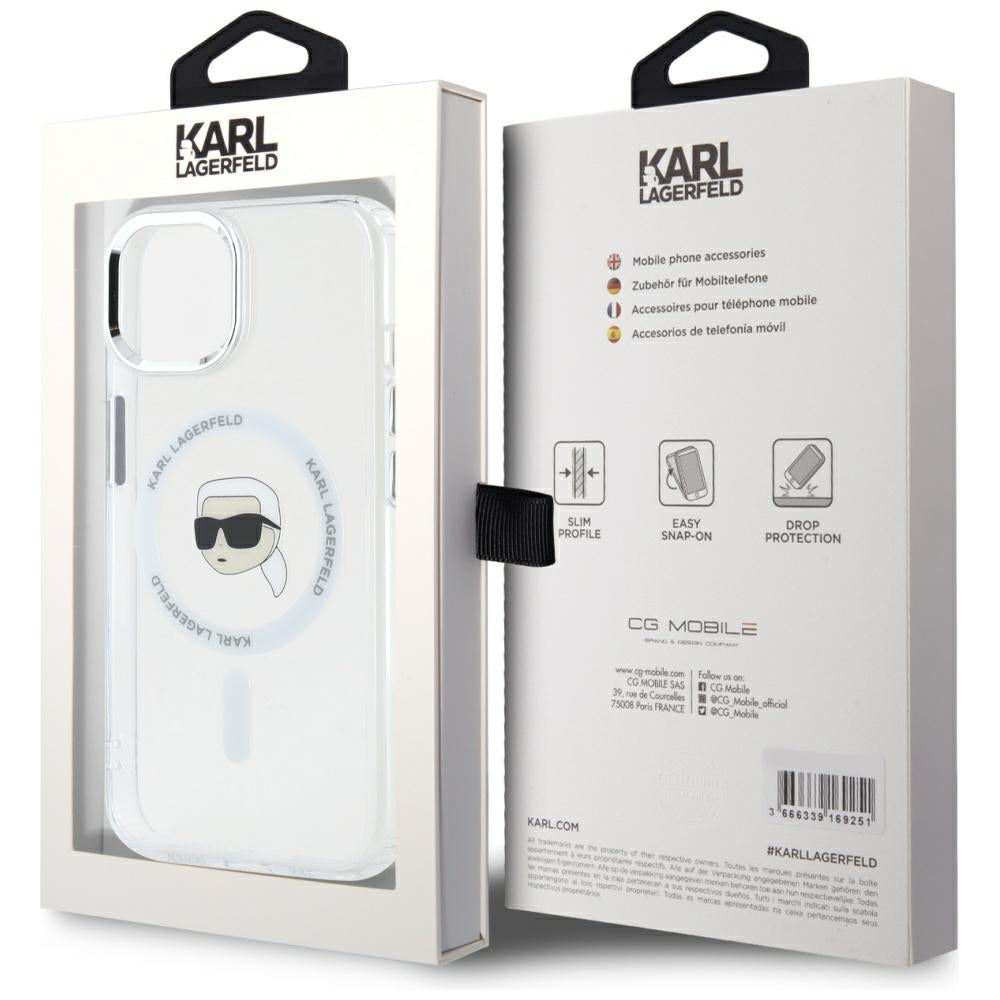 Étui MagSafe pour Apple iPhone 15, Karl Lagerfeld, IML Metal Karl's Head, Blanc
