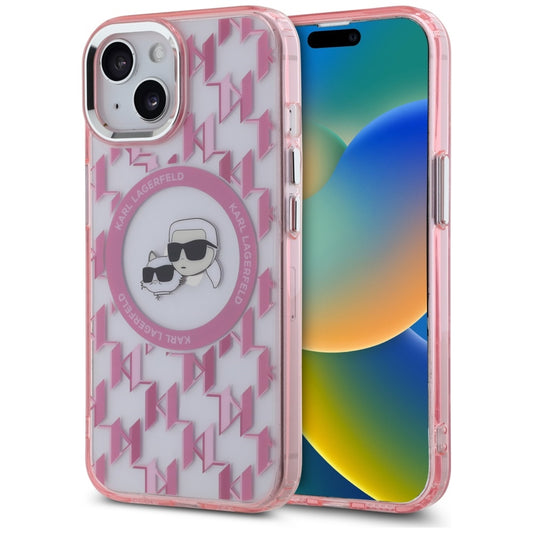 Coque MagSafe pour Apple iPhone 15, Karl Lagerfeld, IML Monogram Karl & Choupette's Heads, Rose