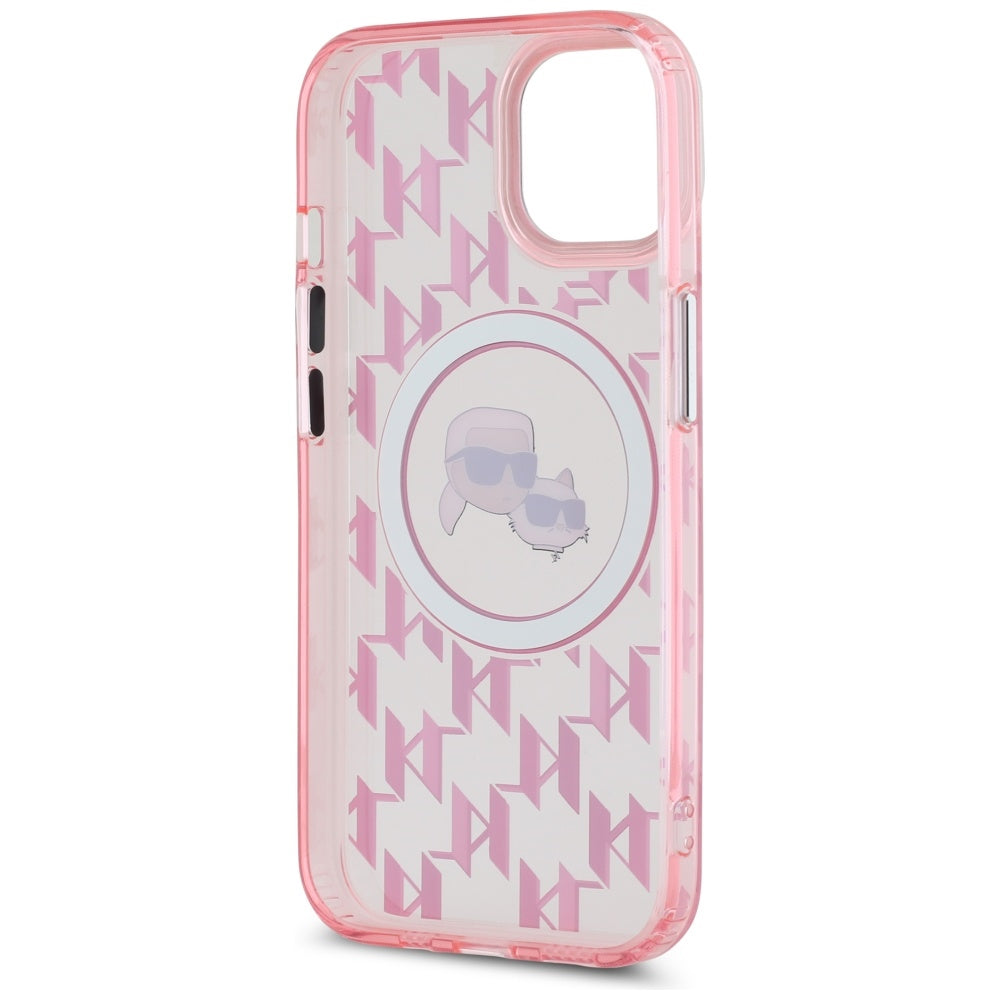 Coque MagSafe pour Apple iPhone 15, Karl Lagerfeld, IML Monogram Karl & Choupette's Heads, Rose