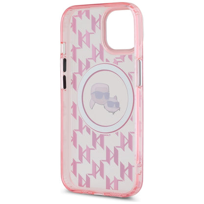 Coque MagSafe pour Apple iPhone 15, Karl Lagerfeld, IML Monogram Karl & Choupette's Heads, Rose