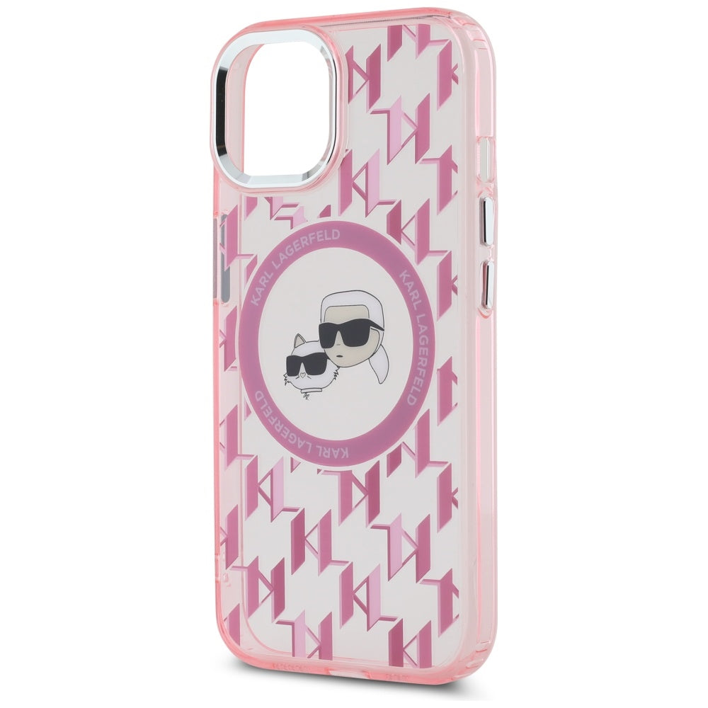 Coque MagSafe pour Apple iPhone 15, Karl Lagerfeld, IML Monogram Karl & Choupette's Heads, Rose