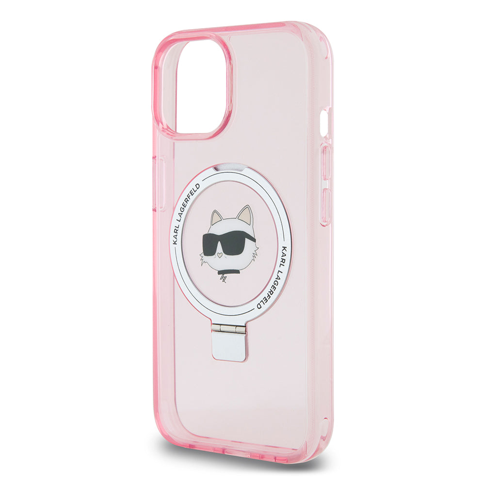 MagSafe Hülle für Apple iPhone 15, Karl Lagerfeld, Ring Stand Choupette's Head, Rosa