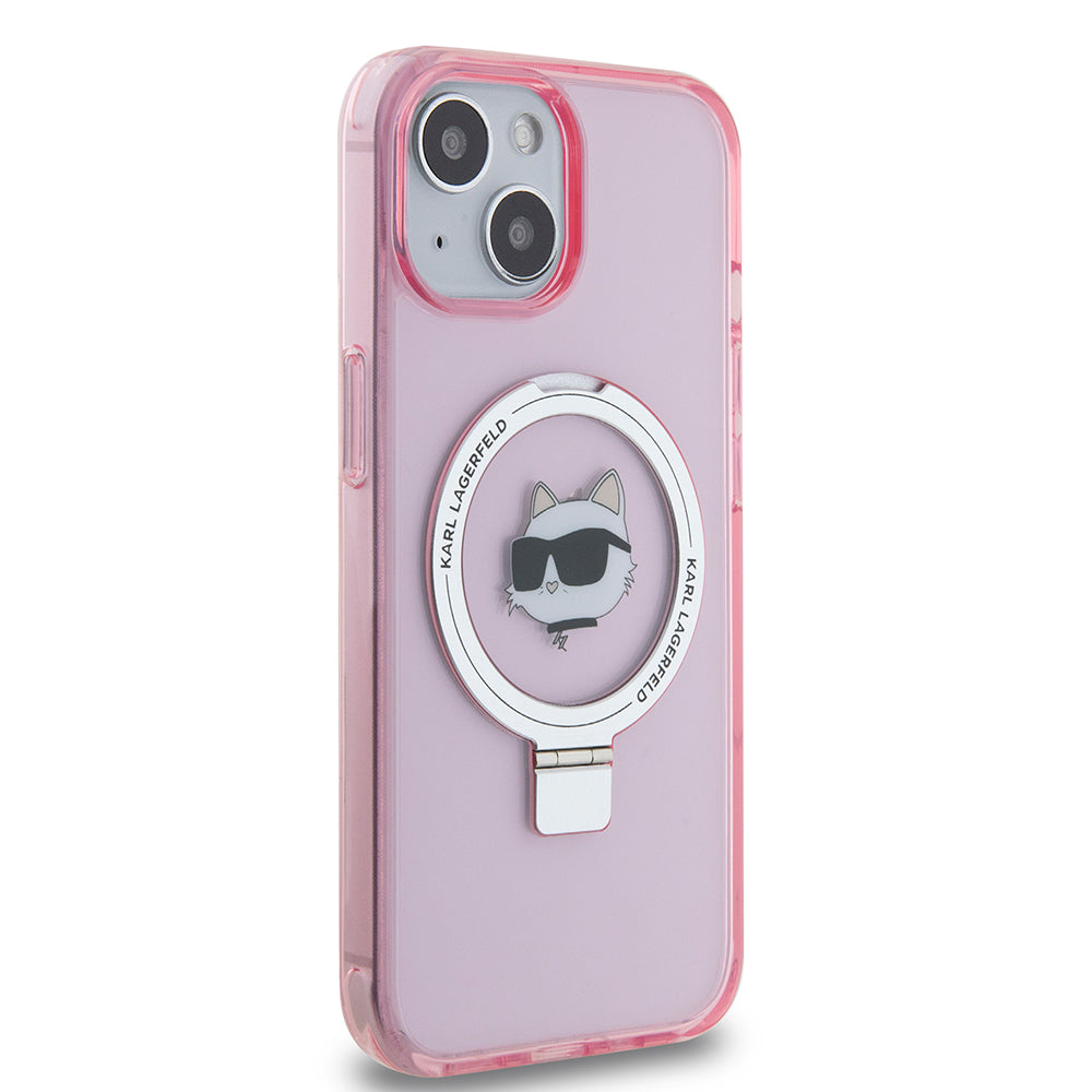 MagSafe Hülle für Apple iPhone 15, Karl Lagerfeld, Ring Stand Choupette's Head, Rosa
