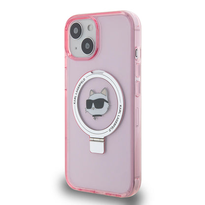 MagSafe Hülle für Apple iPhone 15, Karl Lagerfeld, Ring Stand Choupette's Head, Rosa